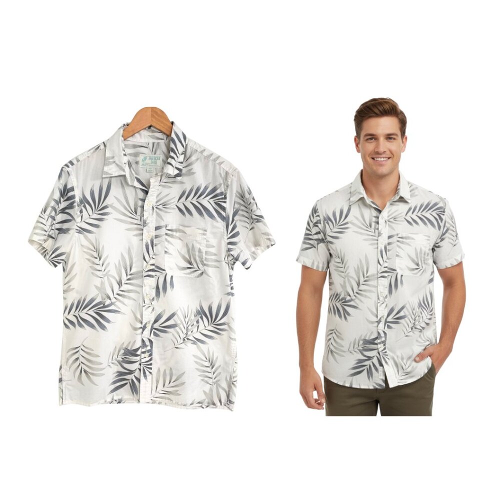 American Eagle Shirt Men Medium Tropical Button Up Resort Light Gray Hawaiian